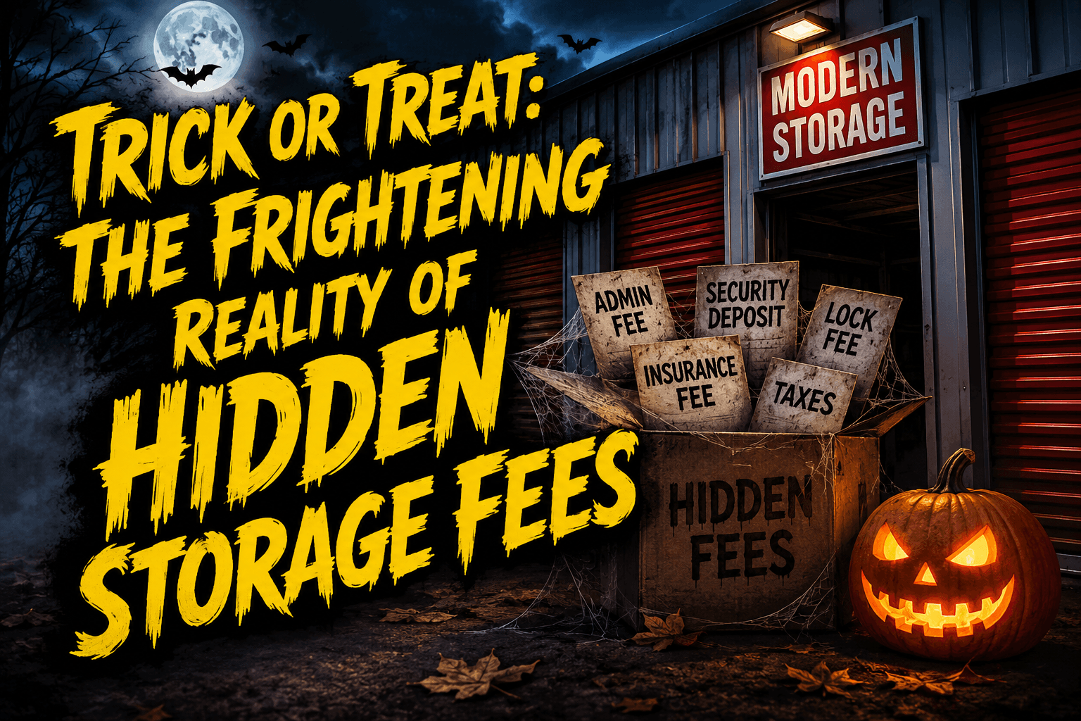 Spooky Modern Storage Halloween scene warning renters about hidden storage fees