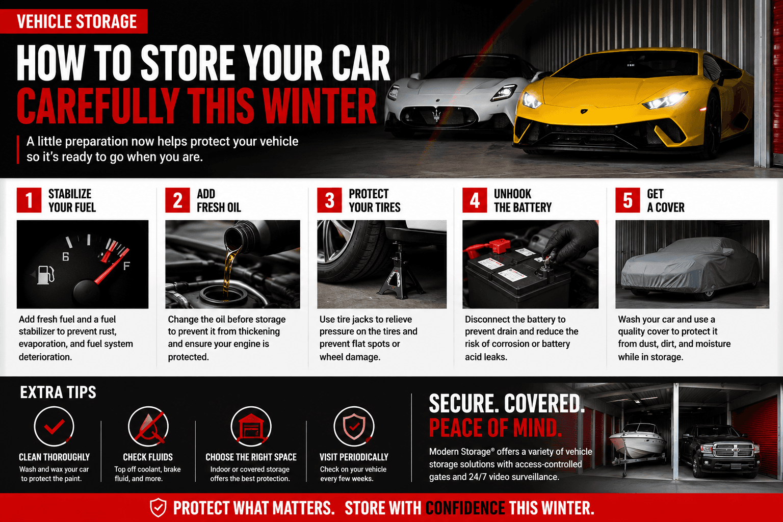 Luxury sports cars stored indoors with winter vehicle storage tips for protecting your car during long-term storage.