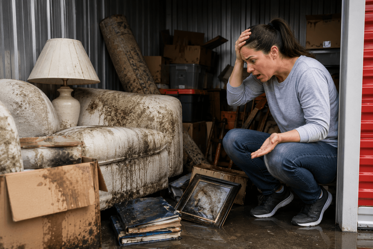Customer shocked to find mold, moisture, and water damage inside a non-climate-controlled storage unit.