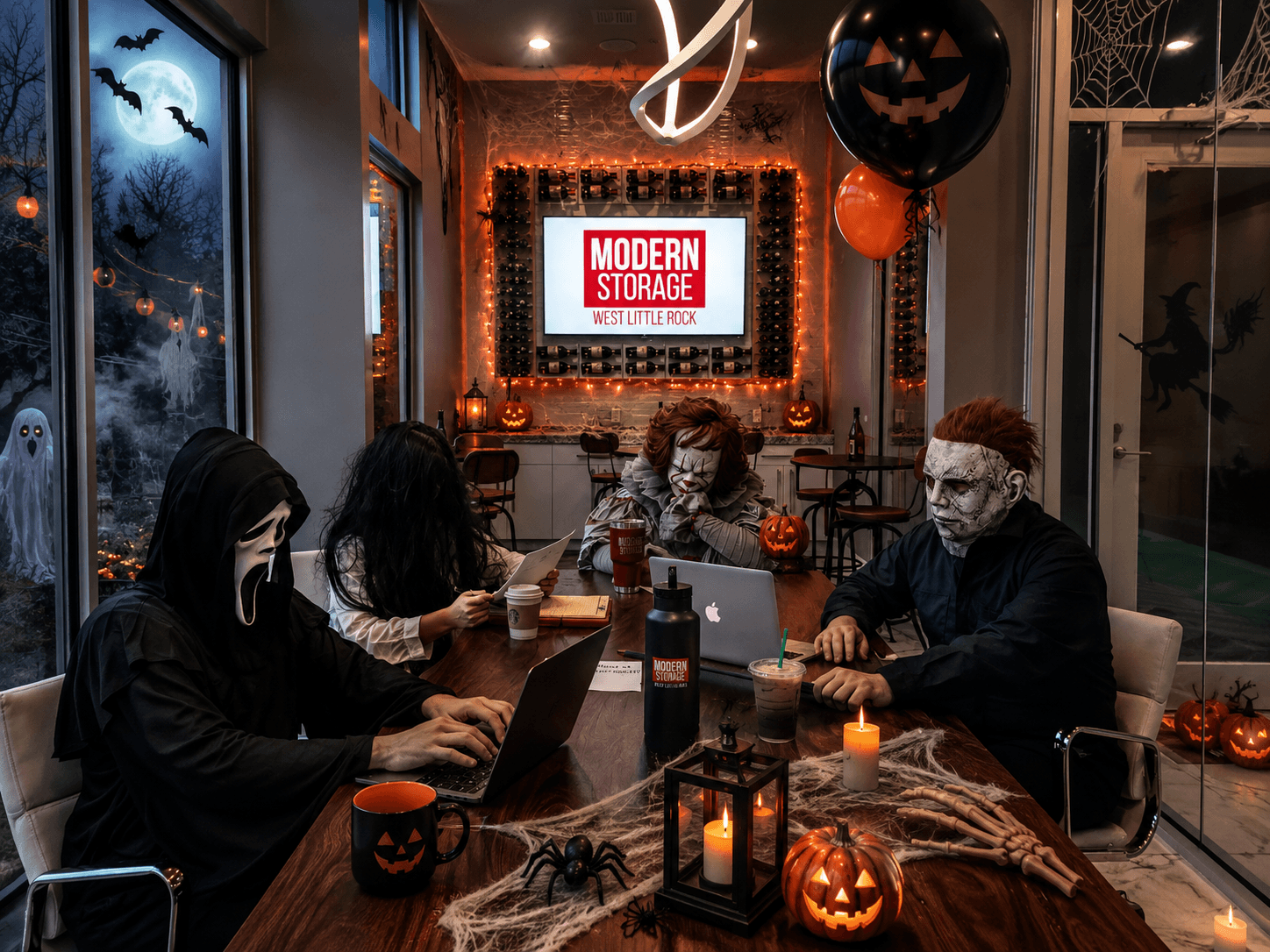 Halloween movie characters holding a spooky meeting in a Modern Storage conference room decorated for Halloween.