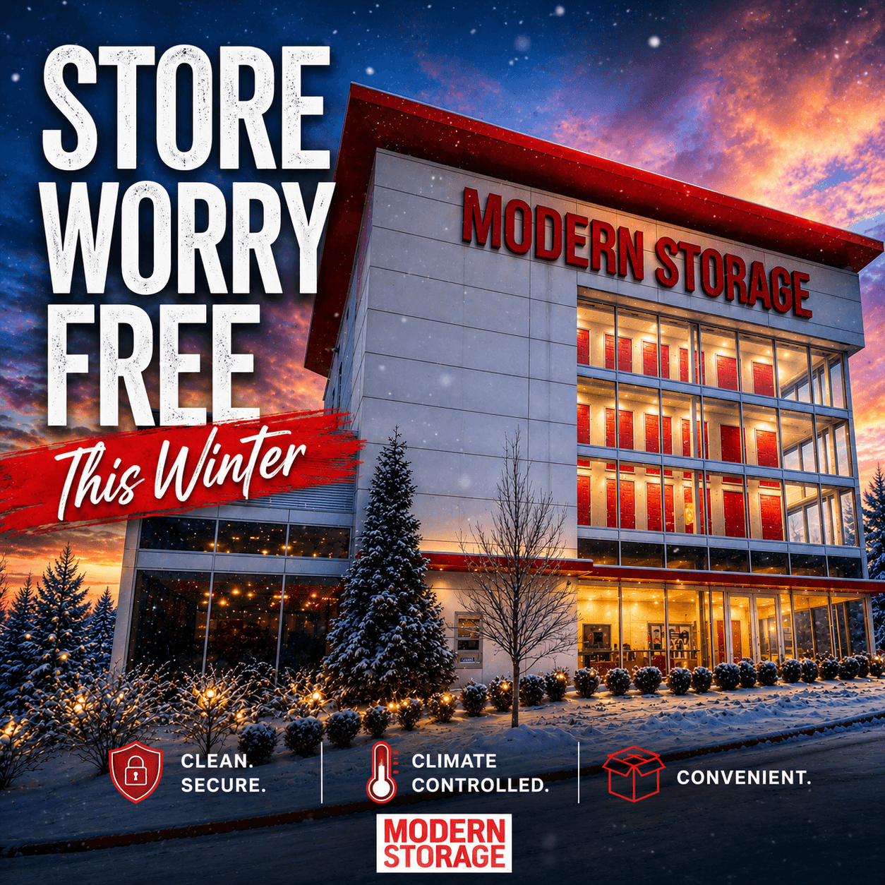 Modern Storage facility covered in snow with climate-controlled storage and secure winter protection.