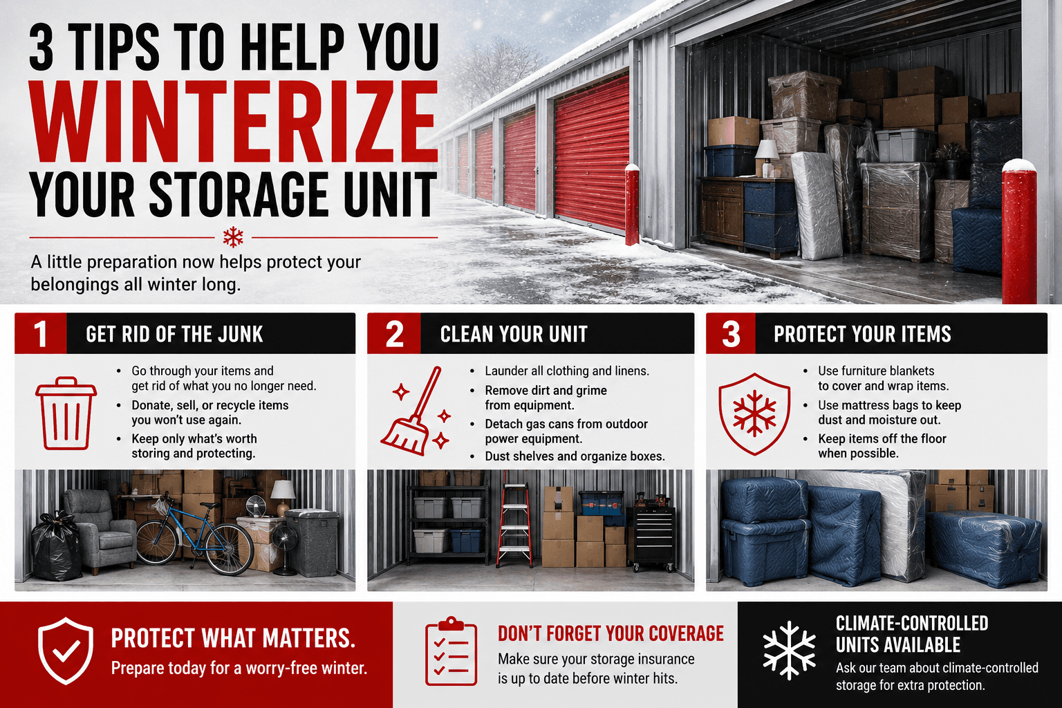 Winter-ready self-storage unit with protected furniture and expert tips for cold-weather storage preparation.