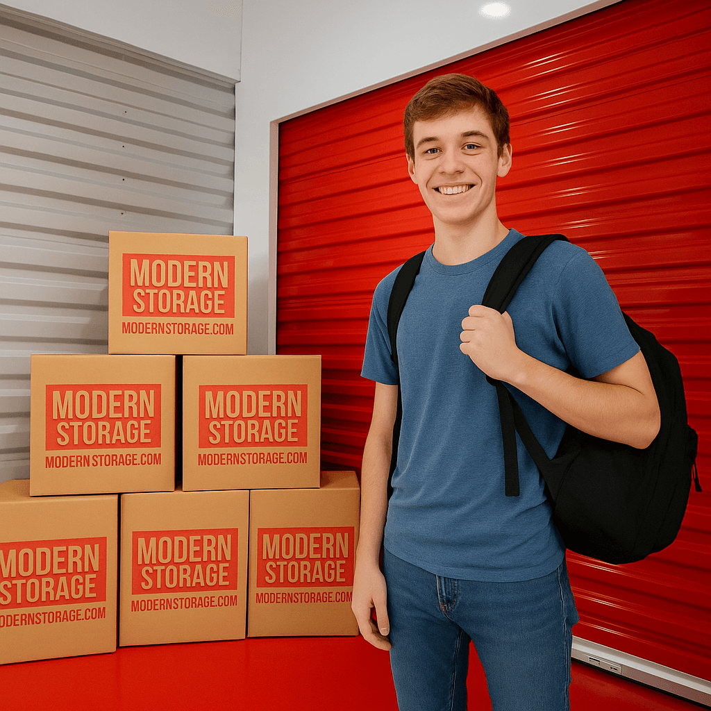 University of Arkansas student holding a backpack and standing beside a stack of Modern Storage® moving boxes at Modern Stora